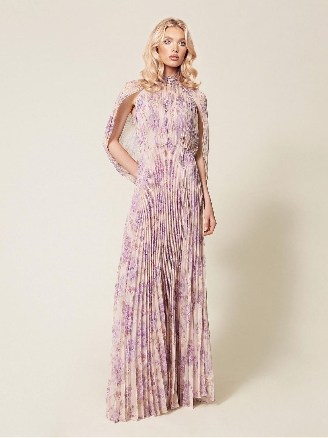 Elegant High Neck Cape Sleeve Ruched Maxi Dress