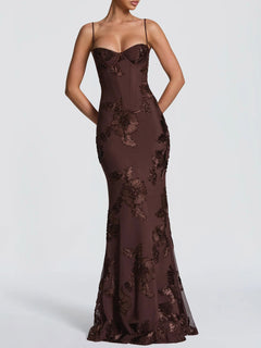 Elegant Floral Embroidered Spaghetti Strap Mermaid Maxi Dress