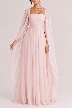 Elegant Cape Sleeve Pleated Chiffon Maxi Dress