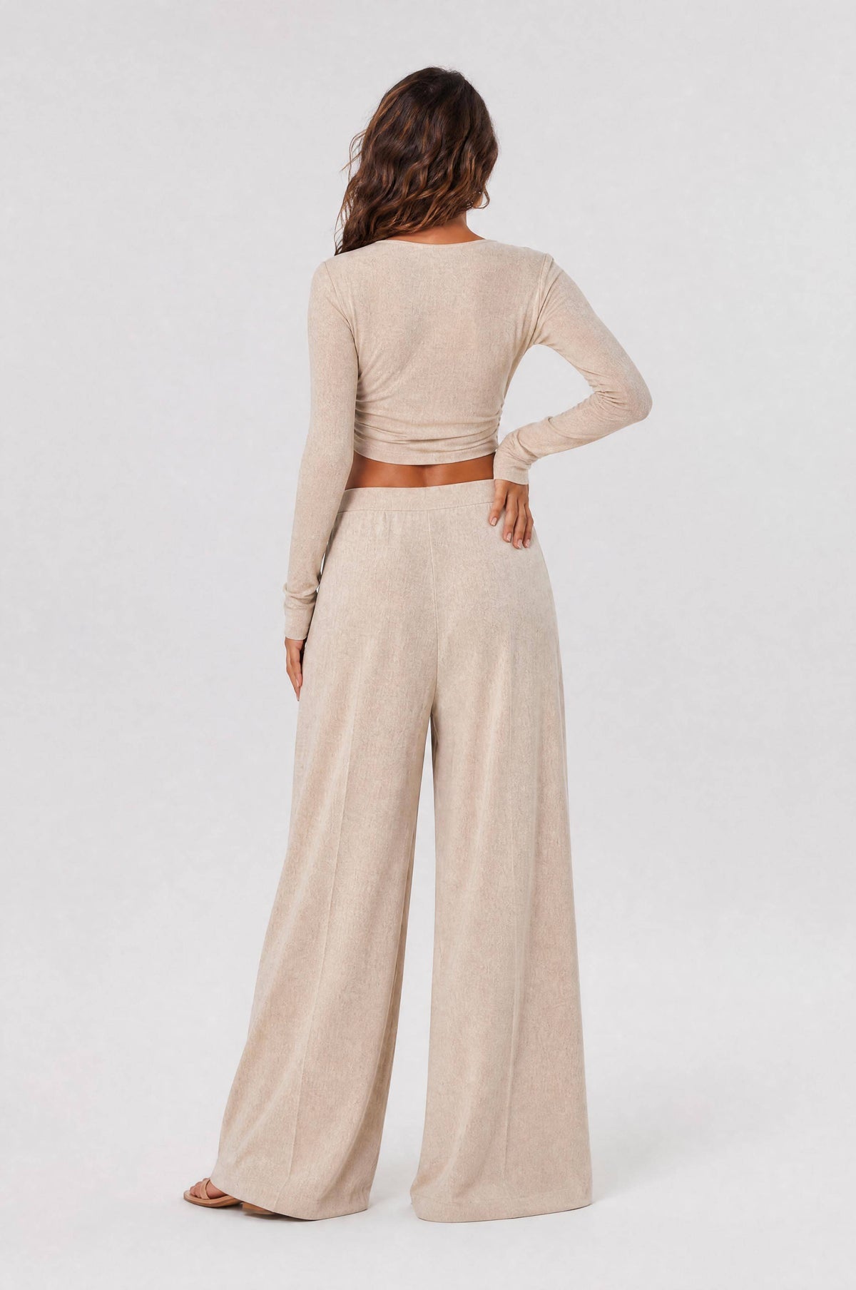 Tight-Waisted Short Long-Sleeved Top Pleated Linen Wide-Leg Pants Two-Piece Set