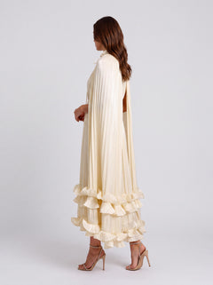 Cloak-sleeved, Stand-collar Midi Dress With Layered Ruffled Frills And A Tie-cinched Waist
