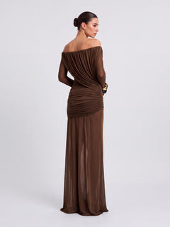 Off-shoulder Long-sleeve Draped Fishtail Long Dress