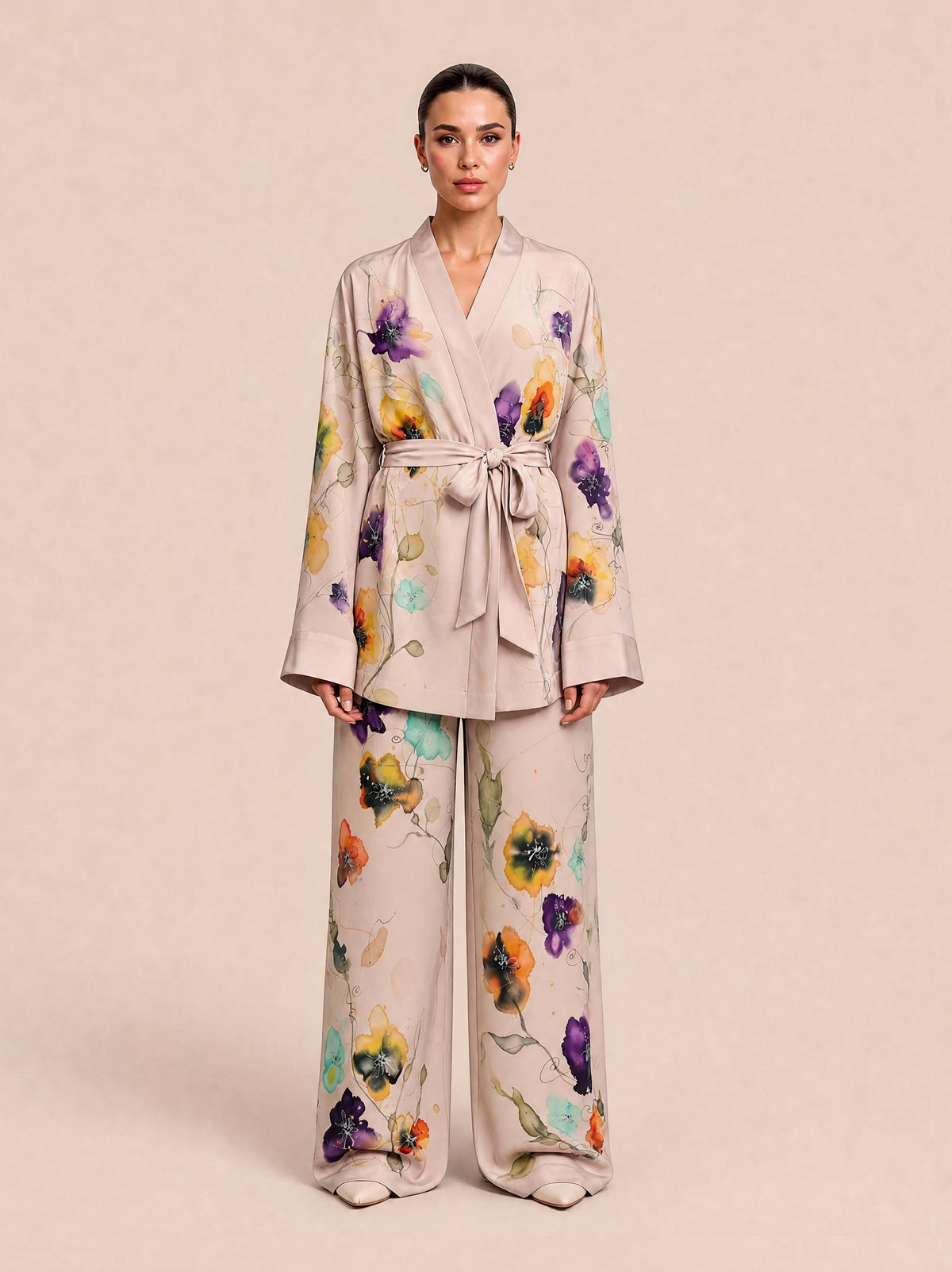 Watercolor Floral Print Satin Two-piece Set