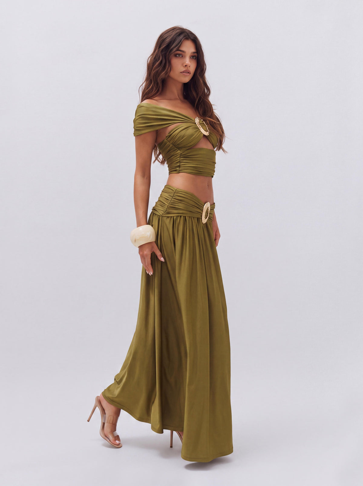 Olive Green Two-Piece Open-Shoulder Top With Metal Buckle