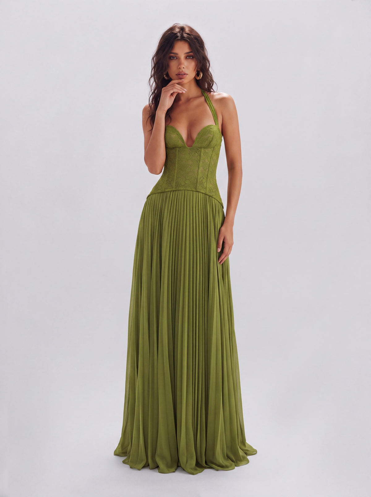 Lace Boom Neck Pleated Long Banquet Dress