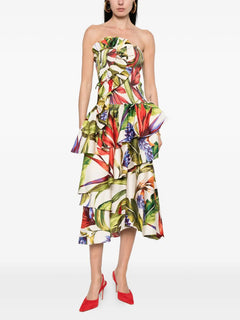 Tropical Floral Strapless Tiered Ruffle Midi Dress