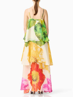 Elegant Floral Print Layered Chiffon Maxi Dress