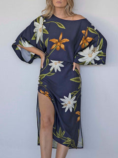 Elegant Floral Print One-Shoulder Tie-Waist Slit Midi Dress