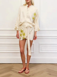 Casual Floral Embroidered Shirt & Wrap Skirt Set