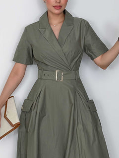 Casual Notched Collar Short-Sleeve Tie-Waist Shirt Midi Dress