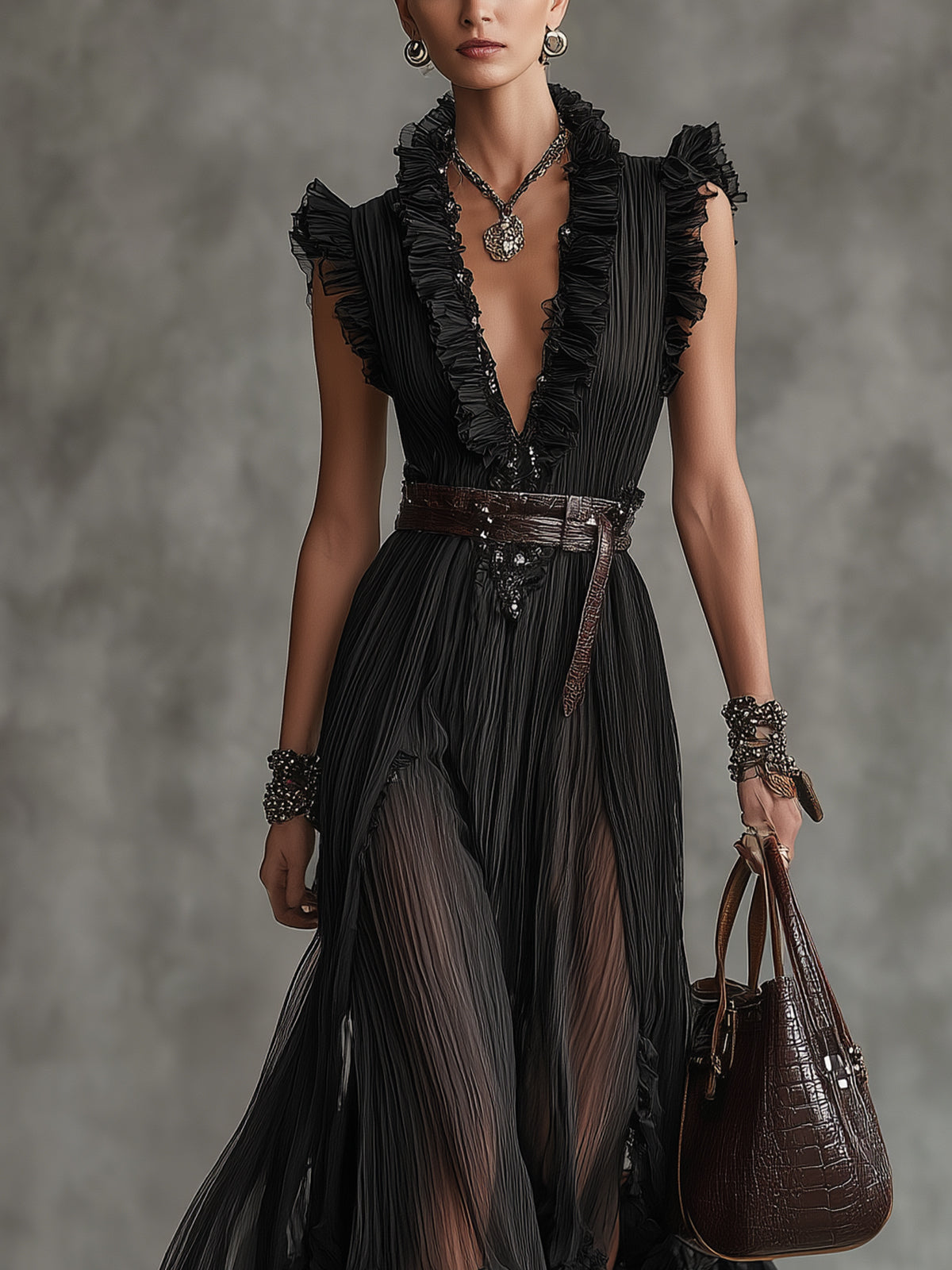 Elegant Ruffled Tulle Maxi Dress-Likemychoice