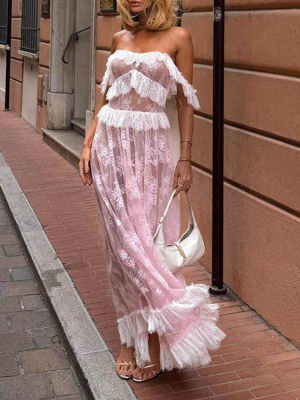 Romantic Sheer Tulle Ruffle Lace Maxi Dress