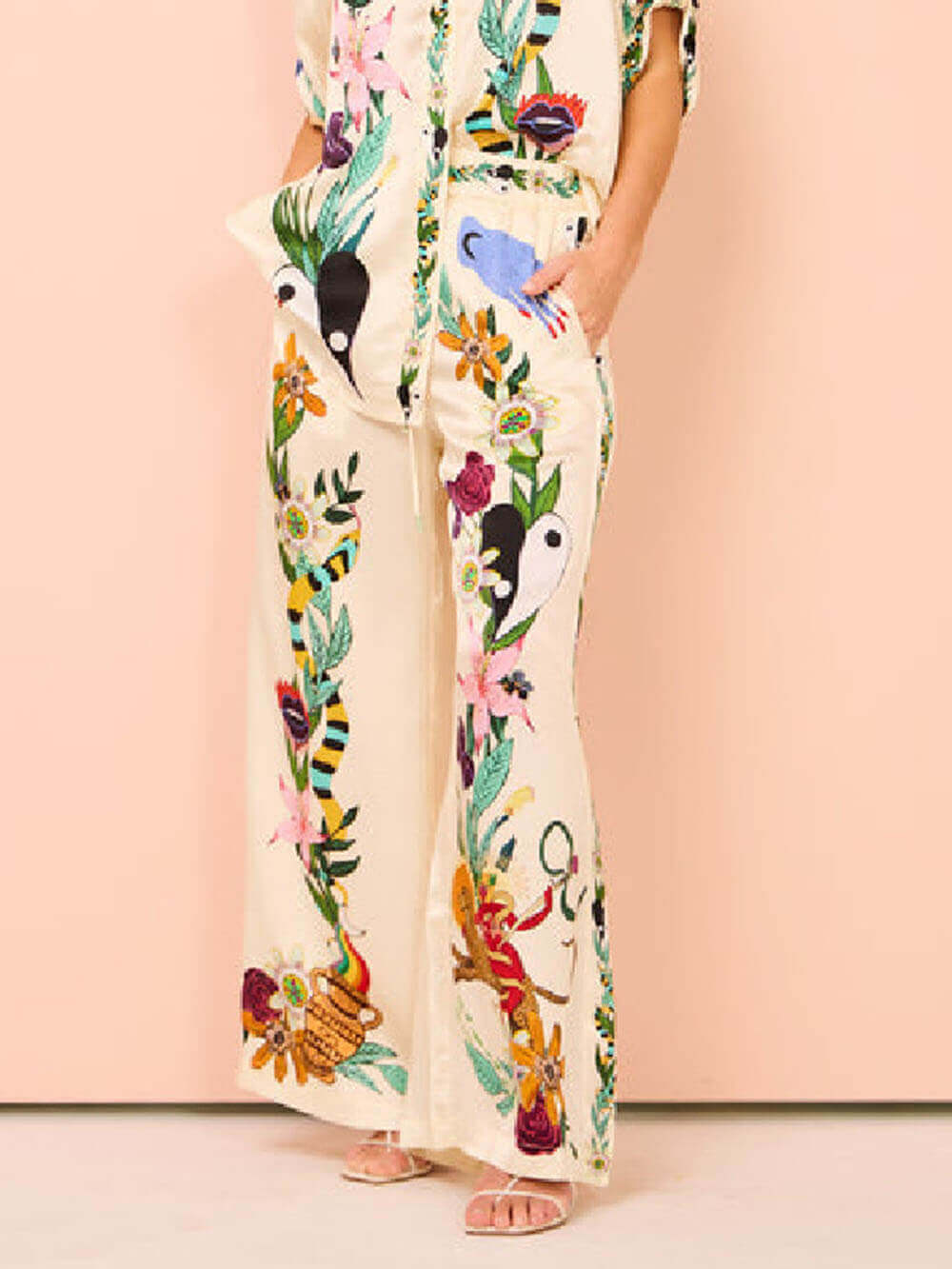 Modern Sophisticated Feel Satin Unique Print Oversized Blouse Elastic Waist Pocketed Wide Leg Pants Set-Likemychoice