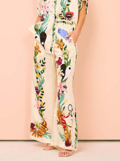 Modern Sophisticated Feel Satin Unique Print Oversized Blouse Elastic Waist Pocketed Wide Leg Pants Set-Likemychoice