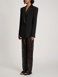 Elegant Satin Lapel Double-Breasted Blazer