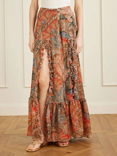 Exquisite Floral Print Ruffle Slit Maxi Skirt