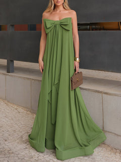 Elegant Strapless Bow Detail Flowy Maxi Dress