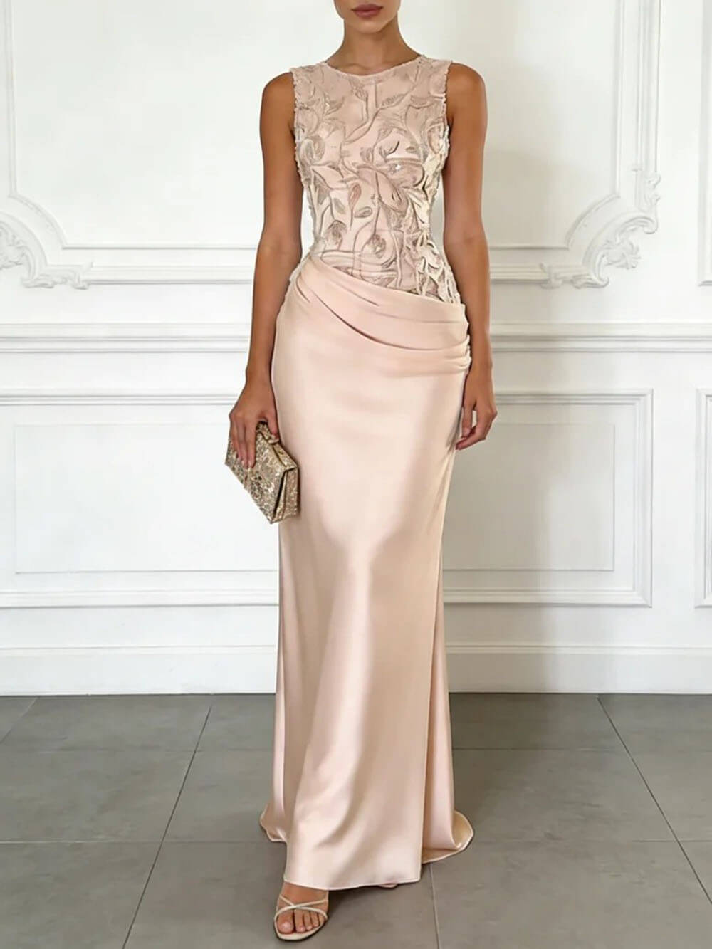 Elegant Light Pink Embroidery Satin Crew Neck Sleeveless Sheath Maxi Dress
