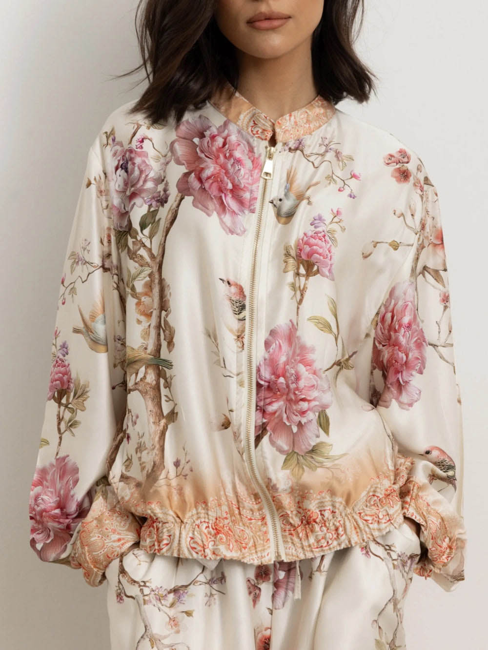 Elegant Floral Bird Print Shirt& Wide Leg Pants Set