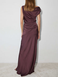 Elegant Asymmetrical Drape Satin Top & Maxi Skirt Two-Piece Set
