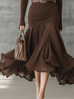 Casual V-neck Irregular Ruffle Midi Dress