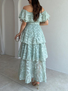 Exquisite Off-Shoulder Ruffle Belted Tiered Floral Lace Maxi Dress
