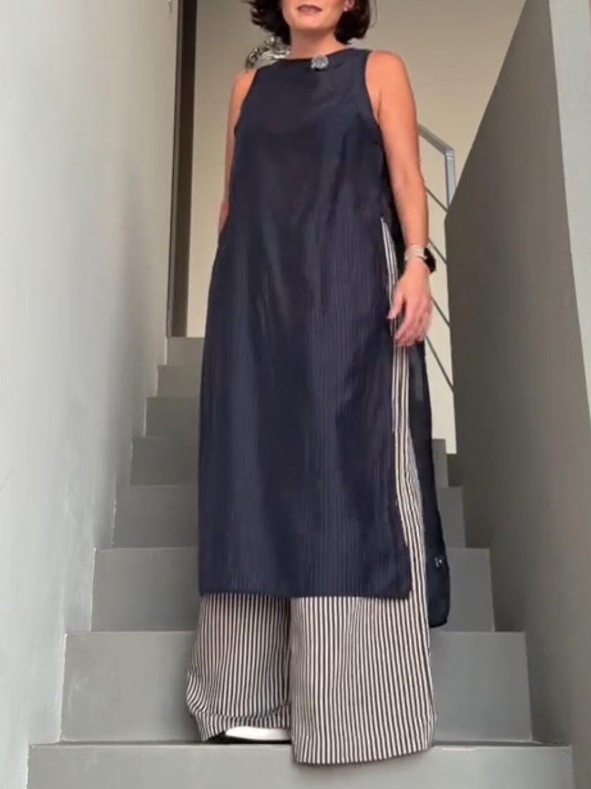 Minimalist Sleeveless Longline Top & Striped Wide-Leg Pants Two-Piece Set
