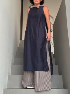 Minimalist Sleeveless Longline Top & Striped Wide-Leg Pants Two-Piece Set
