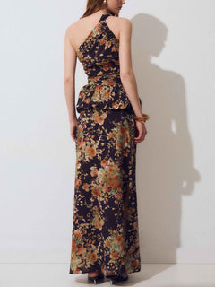 Retro Print One-Shoulder Ruffle Top & Midi Skirt Two-Piece Set