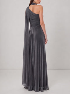 Elegant One-Shoulder Ruched Satin Maxi Dress