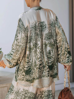 Casual Palm Leaf Print Loose Shirt And Wide-Leg Pants Set