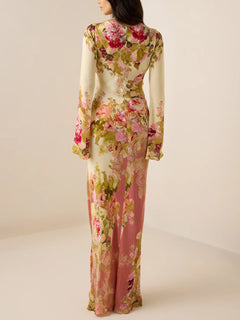 Elegant Floral Print Satin Maxi Dress