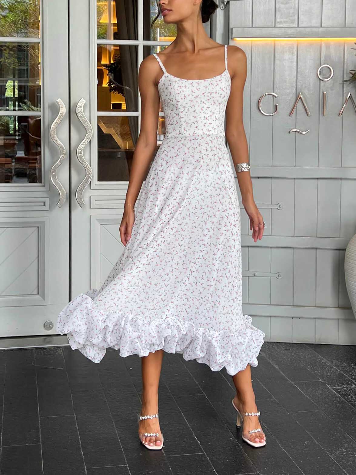 Elegant White Tiny Floral Ruffle Hem Spaghetti Strap Midi Dress