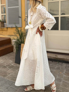 Casual Cutout Lace Shirt Button Maxi Dress