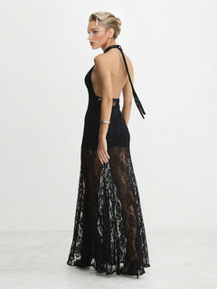 Sexy Plunge Halter Neck Black Lace See-Through Maxi Dress-Likemychoice