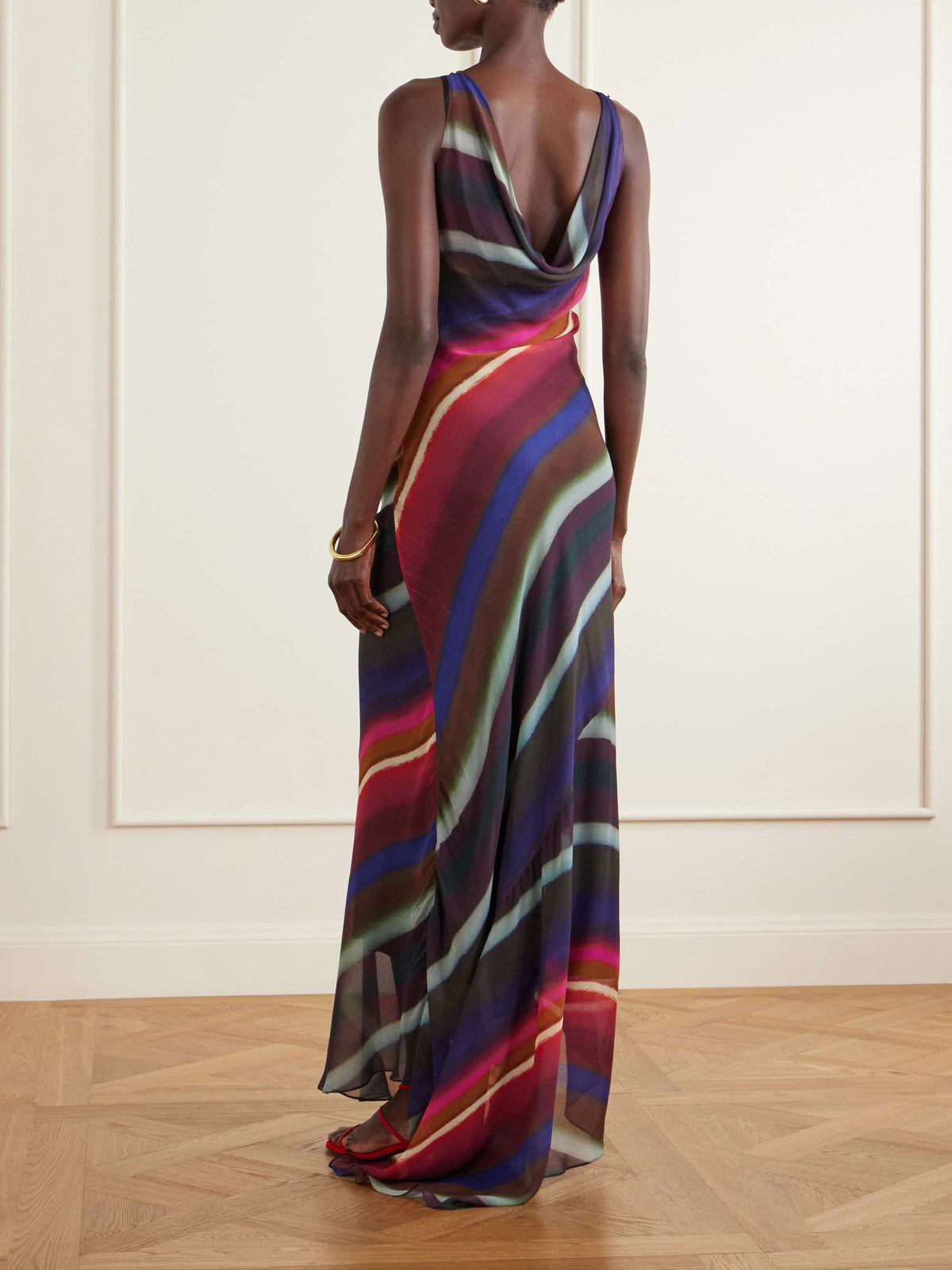 Elegant Diagonal Stripe Print Asymmetrical Flowy Maxi Dress