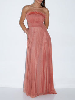 Elegant Feather Trim Shimmer Strapless Maxi Dress
