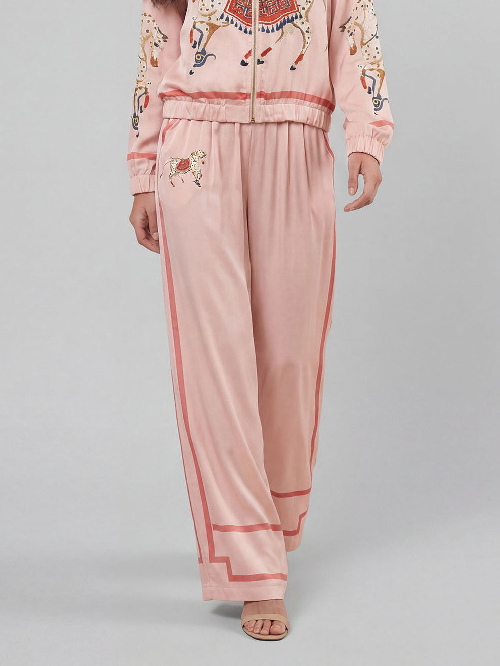 Exquisite Satin Horse Print Zip-Up Shirt