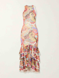 Colorful  Paisley Print Ruffled Hem Halter Midi Dress