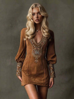 Retro V-neck Embroidered Mini Dress