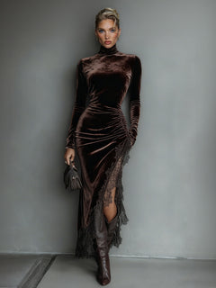 Elegant Lace-trimmed Drawstring Slit Maxi Dress
