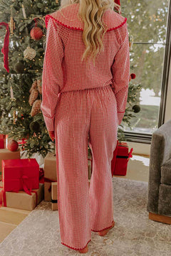 Christmas Nutcracker Charm Embroidered Gingham Loose Shirt and Elastic Waist Pajama Set-Likemychoice