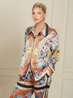 Unique Satin Sunshine Print Turn-Down Collar Loose Fit Shirt And Elastic Waist Wide Leg Pants Set