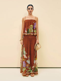 Delicate Ruffle Printed Drawstring Slit Wide-Leg Pants
