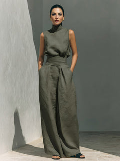 Elegant Linen High-Neck Top & Wide-Leg Pants Two-Piece Set