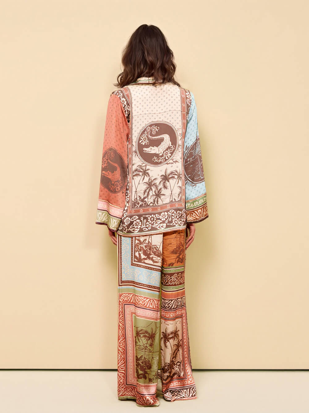 Unique Satin Floral Print Button-Up Shirt with Elastic Waist Pockets And Wide-Leg Pants Set
