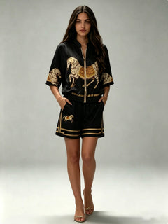 Exquisite Satin Horse Print Zip-Up Shirt & Shorts Set