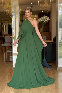 Elegant One-Shoulder Chiffon Flowy Party Maxi Dress
