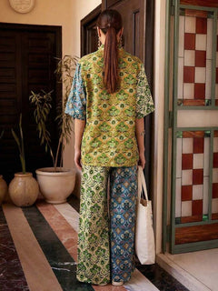 Retro Art Print Shirt & Wide-Leg Pants Two-Piece Set