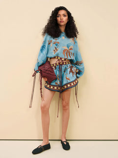 Boho Print Color Block Drawstring Drop Shoulder Top and Shorts Set